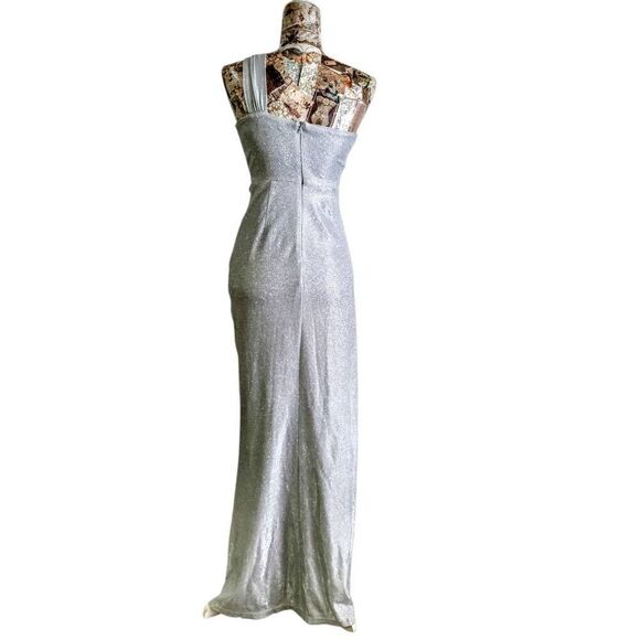 Sparkle Silver Glitter One-Shoulder Shiny Lurex High Slit Gown Long Maxi Dress - Picture 11 of 15